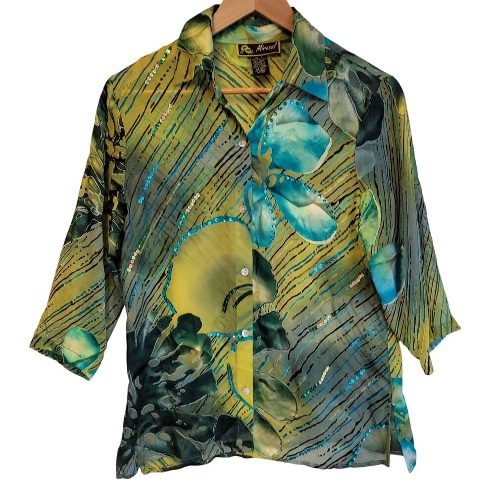 Vintage Burnout Velvet Silk Top Button Sequins Artsy Floral‎ Abstract Size S